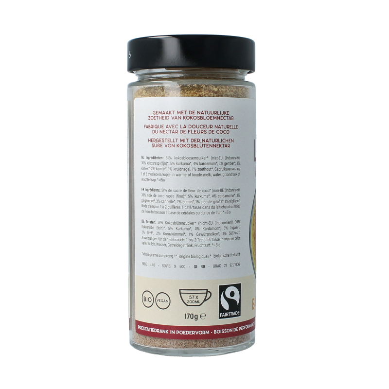 Amanprana Latte Ayurveda bio coffee and tea blend in a 170g package, featuring a natural, herbal appearance with coffee beans and herbs.