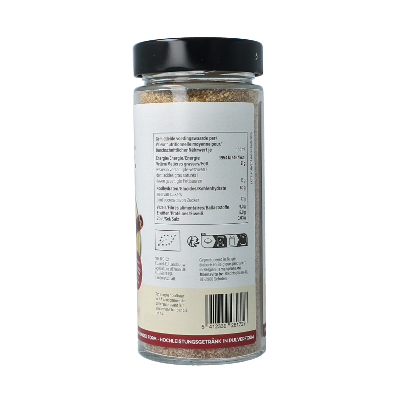 Amanprana Latte Ayurveda bio, 170g, organic coffee and tea blend in a clear jar with a green label and silver lid.