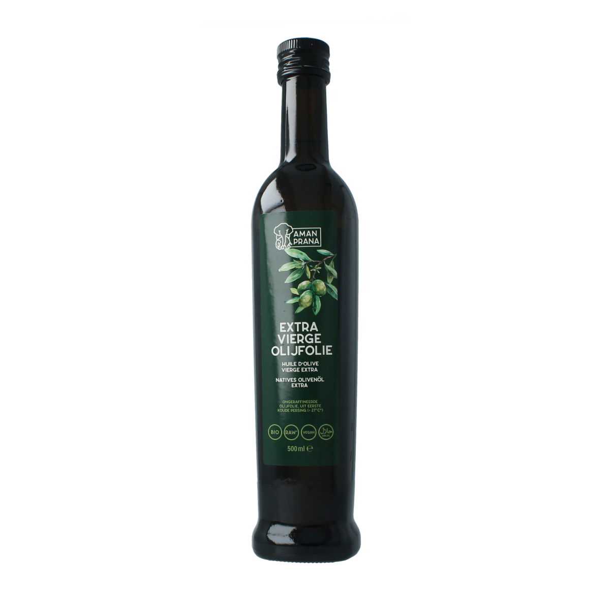 Amanprana extra virgin organic olive oil in a 500ml bottle, showcasing a dark glass container with a label and gold cap.