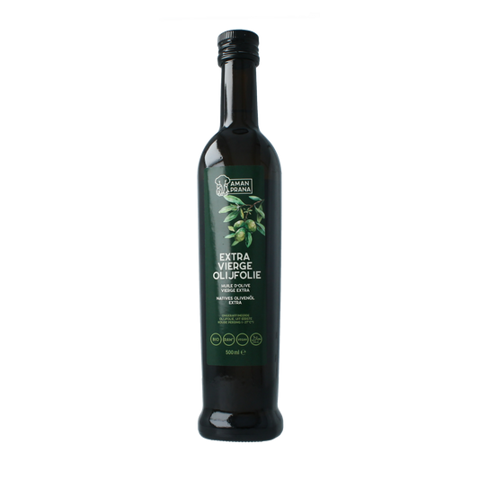 Amanprana extra virgin organic olive oil in a 500ml bottle, showcasing a dark glass container with a label and gold cap.