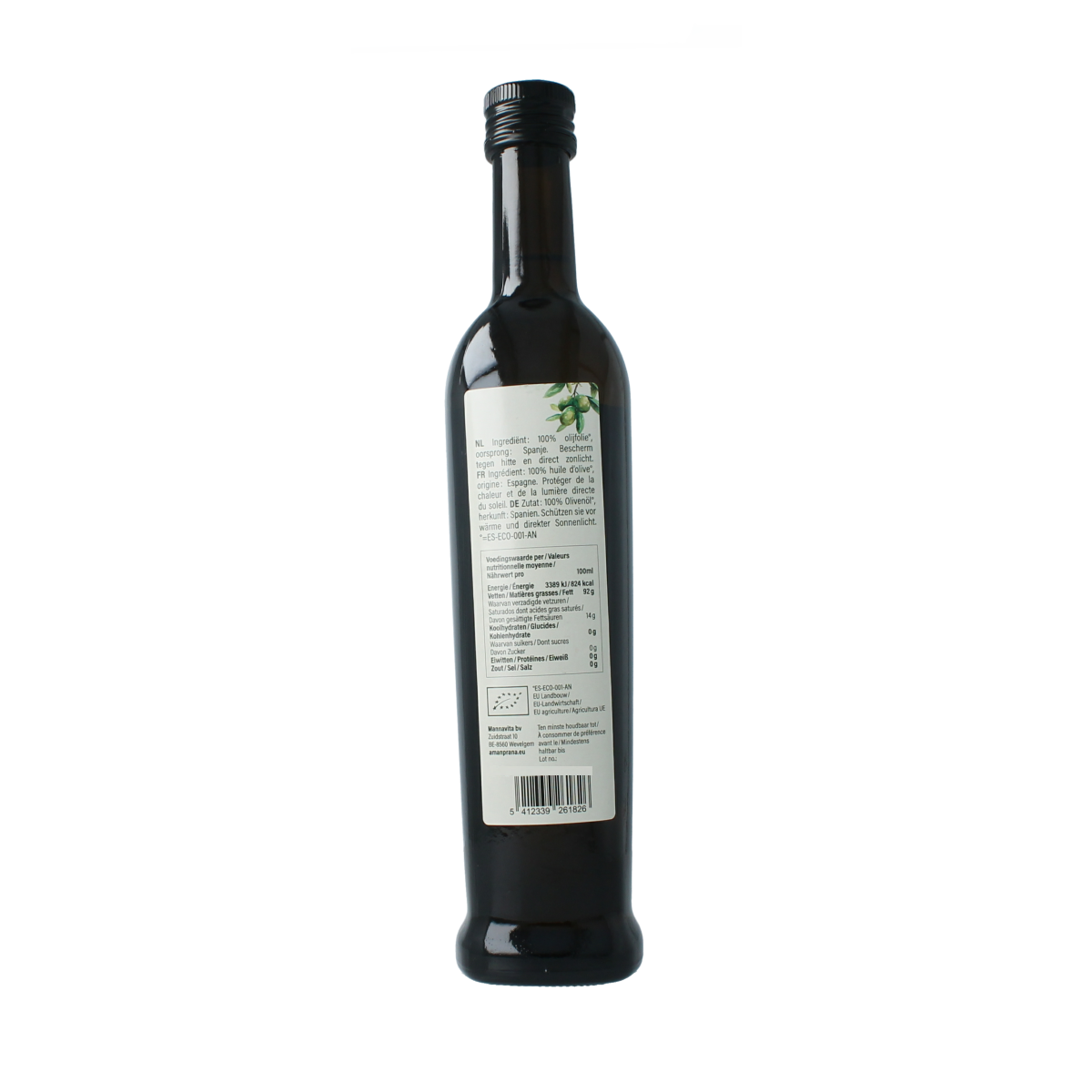 Amanprana extra vierge biologische olijfolie in een 500 ml glazen fles, vers en koudgeperst, ideaal voor koken en salades.