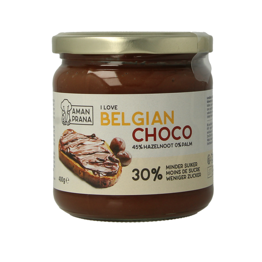 Amanprana I Love Belgische Choco bio chocolate bar, 400g, with rich dark chocolate pieces and natural ingredients.