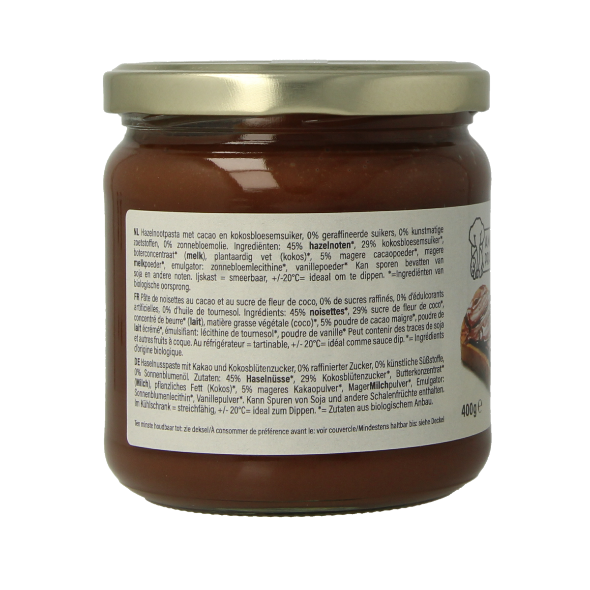Amanprana I love Belgische choco bio 400g Belgian organic chocolate bar with cocoa pieces and rich texture.