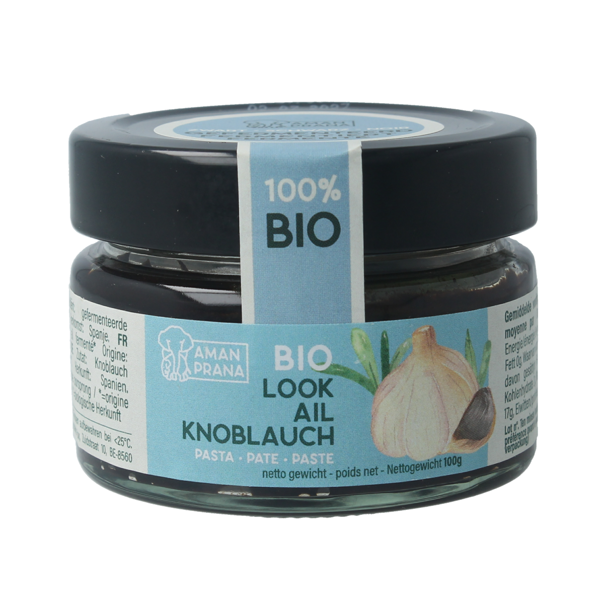 Amanprana Zwarte Knoflookpoeder pasta in a 100g package, showcasing the black garlic powder for pasta and rice dishes.