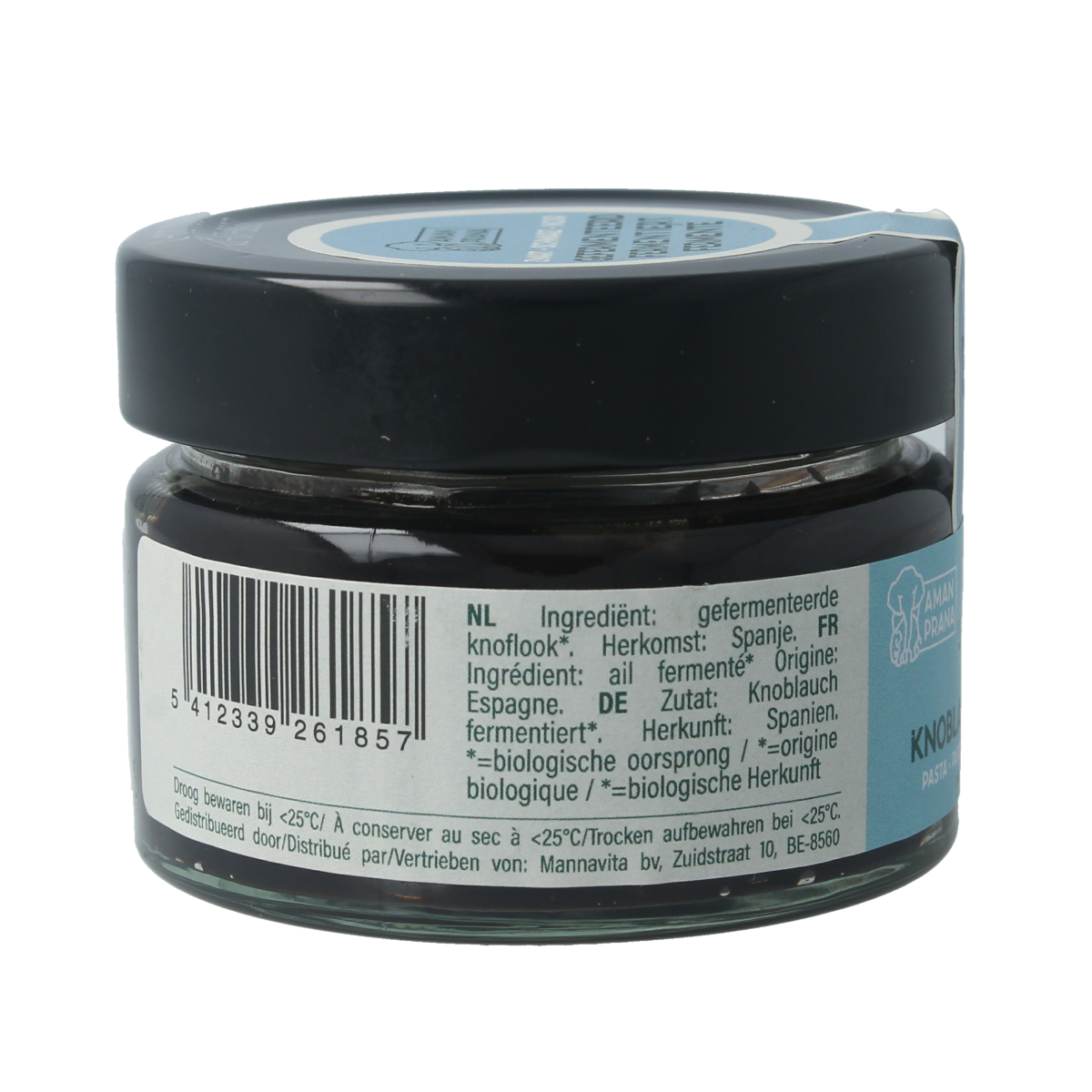 Amanprana Zwarte Knoflookpoeder pasta package, 100g, in a clear bag with product label, showcasing dark garlic powder for pasta and rice dishes.