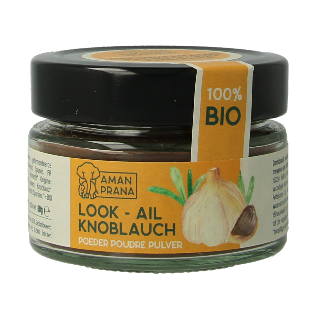 Organic Amanprana Zwarte Knoflookpoeder in 60g jar, a flavorful black garlic powder for cooking and seasoning.