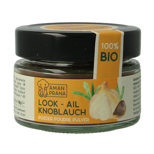 Organic Amanprana Zwarte Knoflookpoeder in 60g jar, a flavorful black garlic powder for cooking and seasoning.