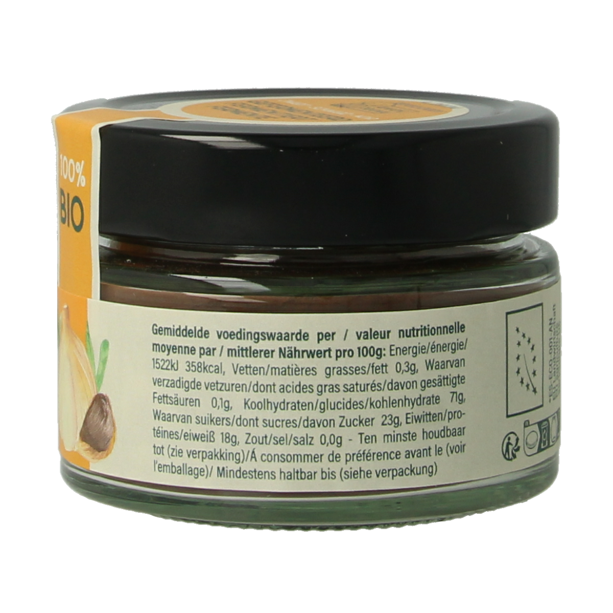 Amanprana organic black garlic powder in a 60g package, a natural seasoning from the kruiden, zouten en maaltijdmixen category.