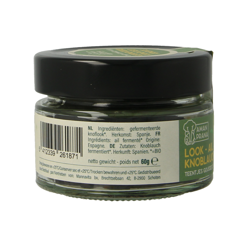 Amanprana Zwarte Knoflook bio teentje in 60g package, herbal supplement with dark-colored garlic cloves, natural and organic.