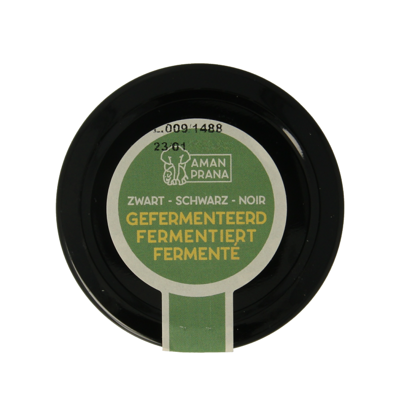 Amanprana Zwarte Knoflook Bio teentje in 60g package, organic black garlic for culinary use and health benefits.