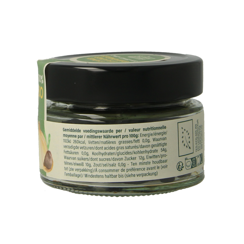 Amanprana Zwarte Knoflook bio teentje in een heldere glazen pot, onderdeel van kruidenpreparaten, met label zichtbaar.