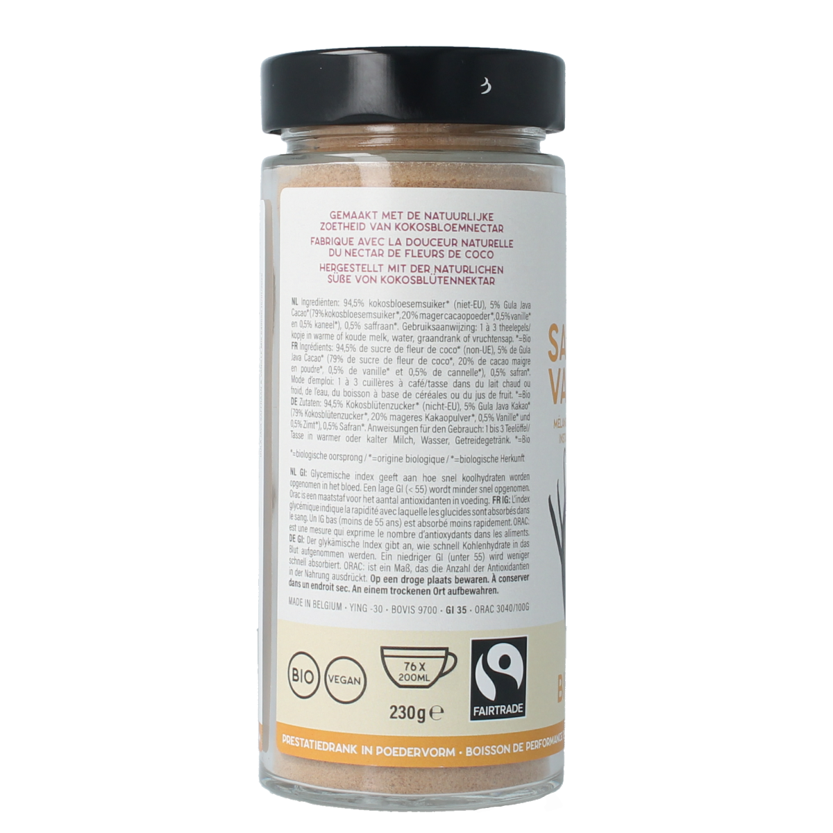 Amanprana Gula Java saffron and vanilla organic drink in a 230g package, featuring saffron strands and vanilla beans.