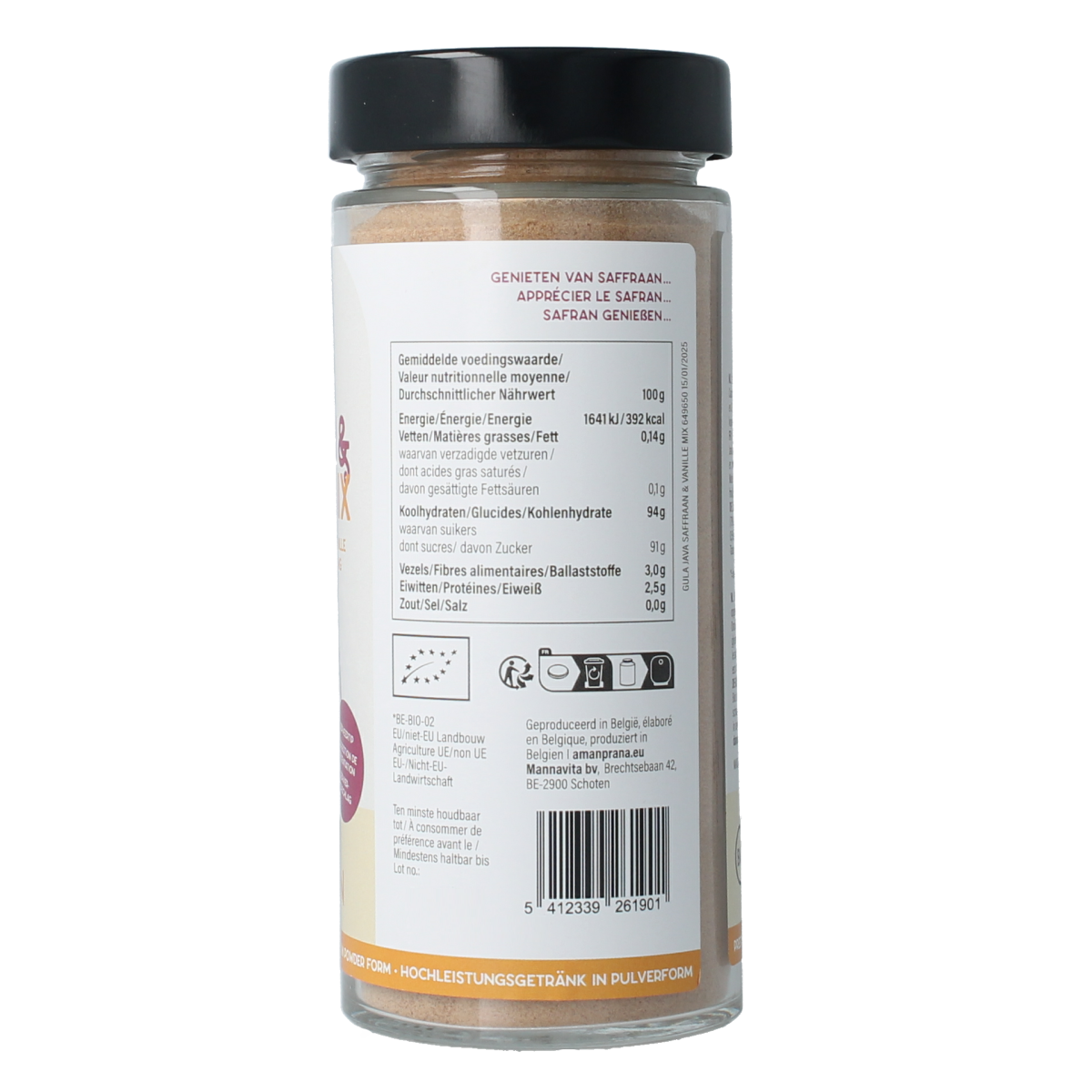 Amanprana Gula Java saffraan en vanille biologische drank met 230g, shown in a clear glass with saffraan and vanilla notes.