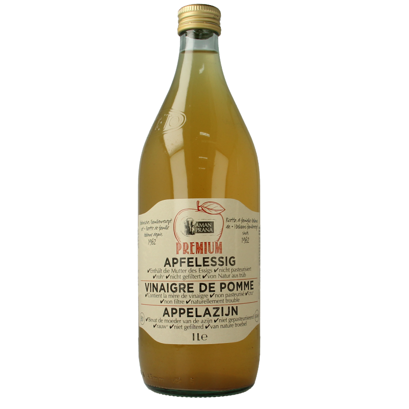 Amanprana premium organic apple cider vinegar in a 1-liter bottle, with clear label and natural amber color.