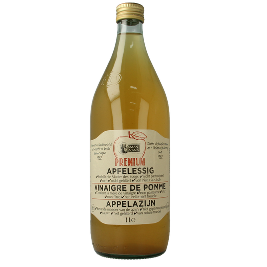 Amanprana premium organic apple cider vinegar in a 1-liter bottle, with clear label and natural amber color.