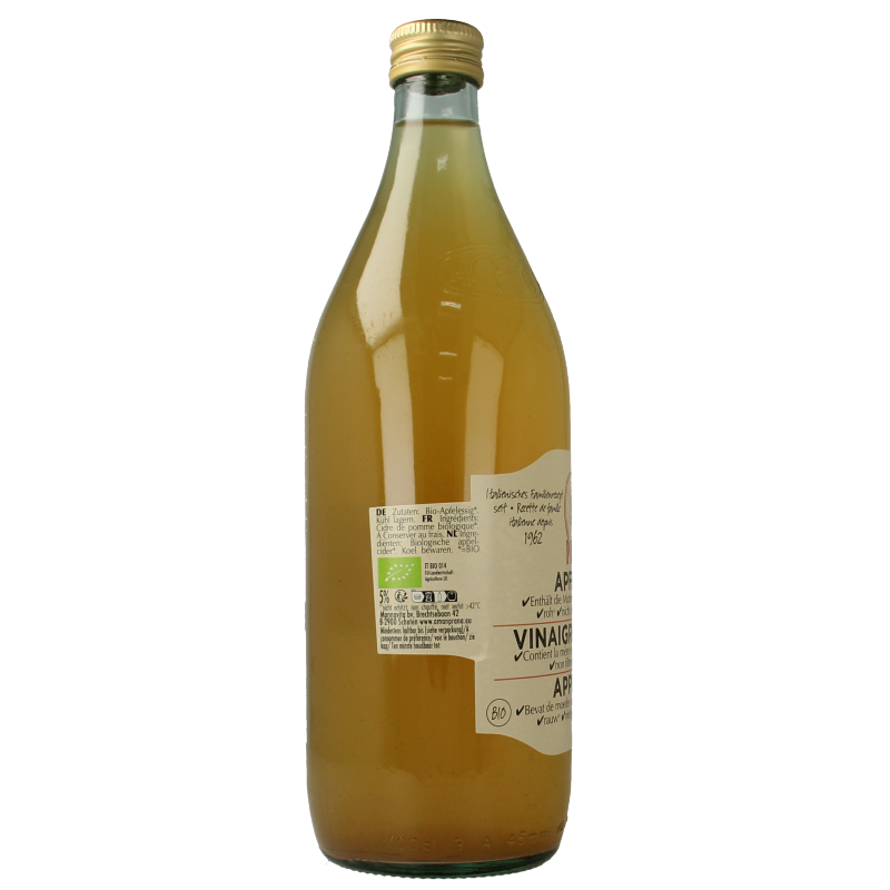 Amanprana premium organic apple cider vinegar in a 1-liter bottle, with a clear label and amber liquid visible.