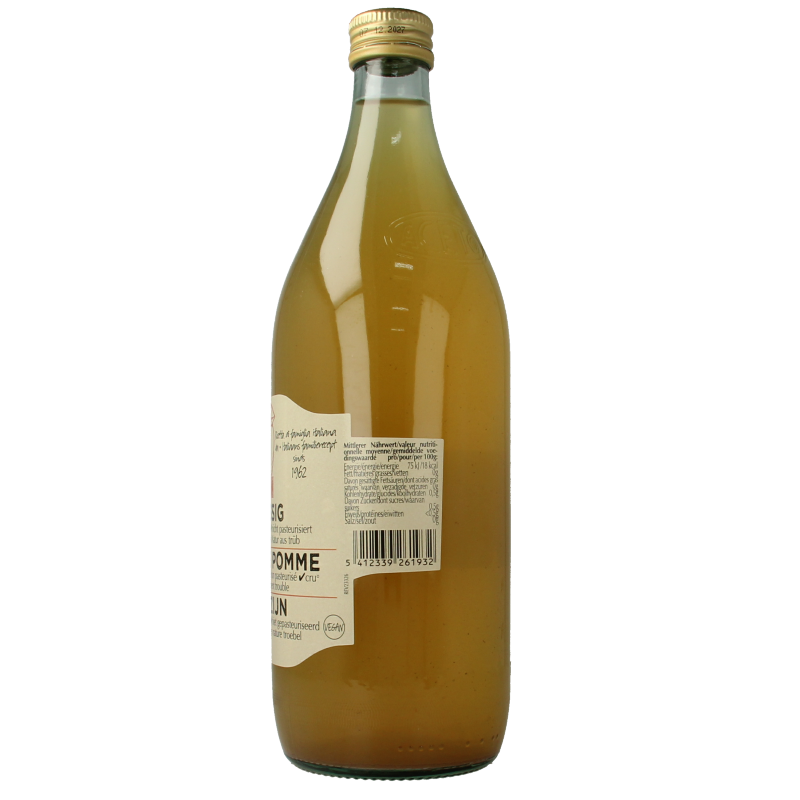 Amanprana premium organic apple cider vinegar in a 1-liter bottle, with a clear label and amber liquid inside.