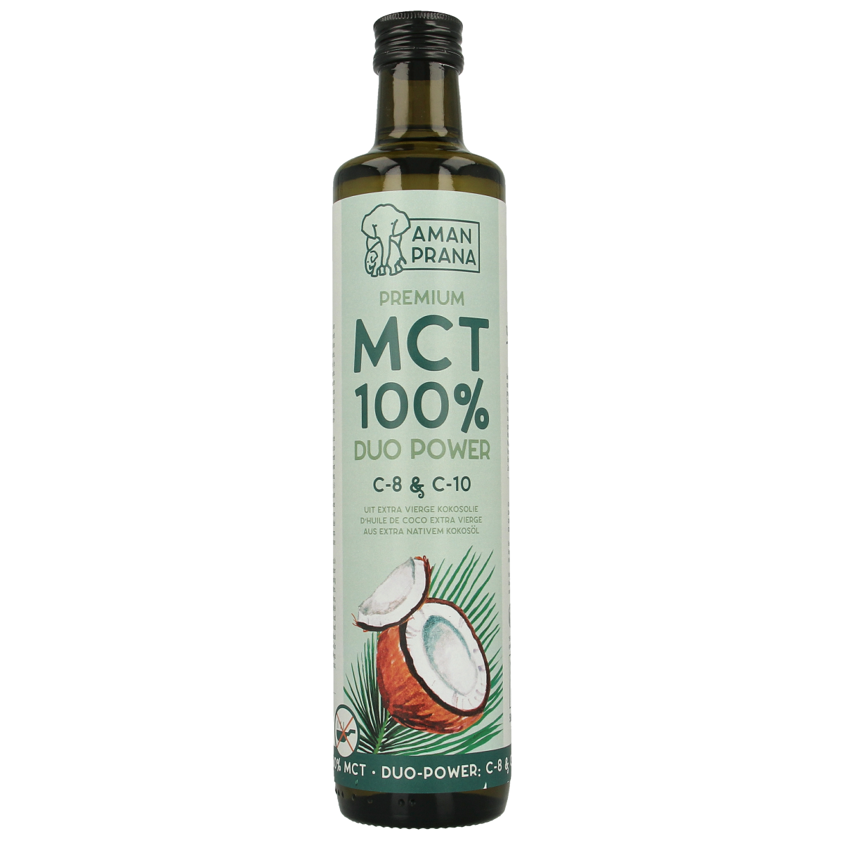 Amanprana MCT olie premium bio in 500ml bottle, organic coconut oil for health and energy, showing the oil bottle and label.