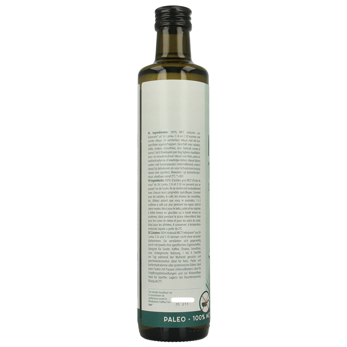 Amanprana MCT olie premium bio in 500ml bottle, natural coconut-derived oil, clear liquid in a transparent container