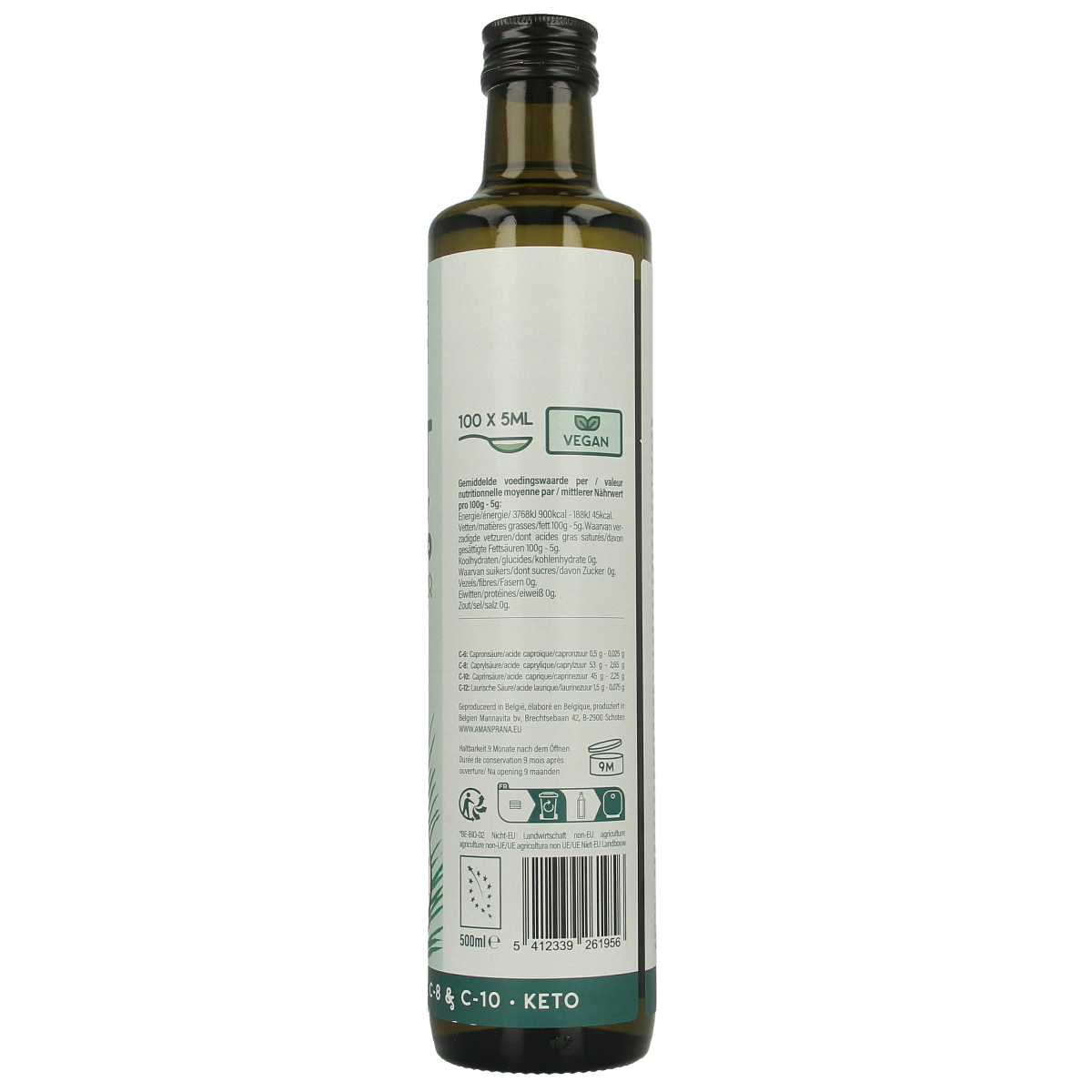 Amanprana MCT olie premium bio in 500ml bottle, natural MCT oil for health and energy, in a clear glass container