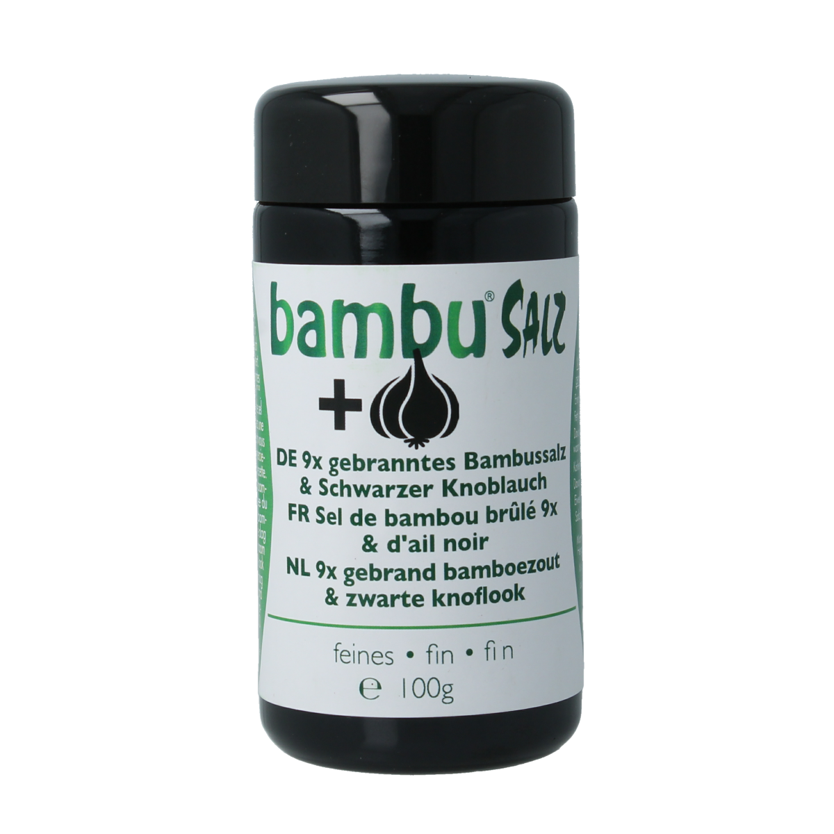 Amanprana Bambu Salz Knoflook 100g, herbal salt with garlic, in a clear glass jar, part of Amanprana's kruiden en zout assortiment.