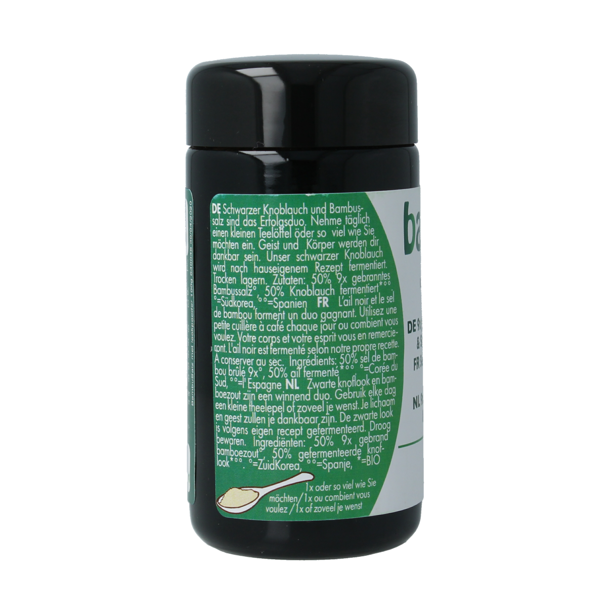 Amanprana Bambu Salz knoflook, 100g, herbal seasoning salt with garlic, in a clear container showing salt and garlic cloves.