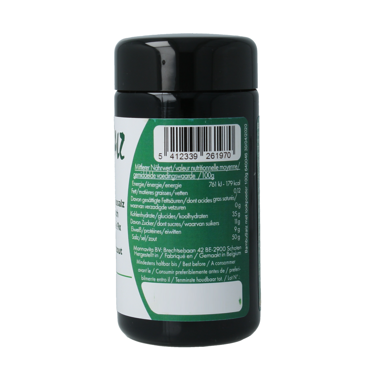 Amanprana Bambu Salz knoflook, 100g, a herbal seasoning blend with bamboo salt and garlic in a clear container.