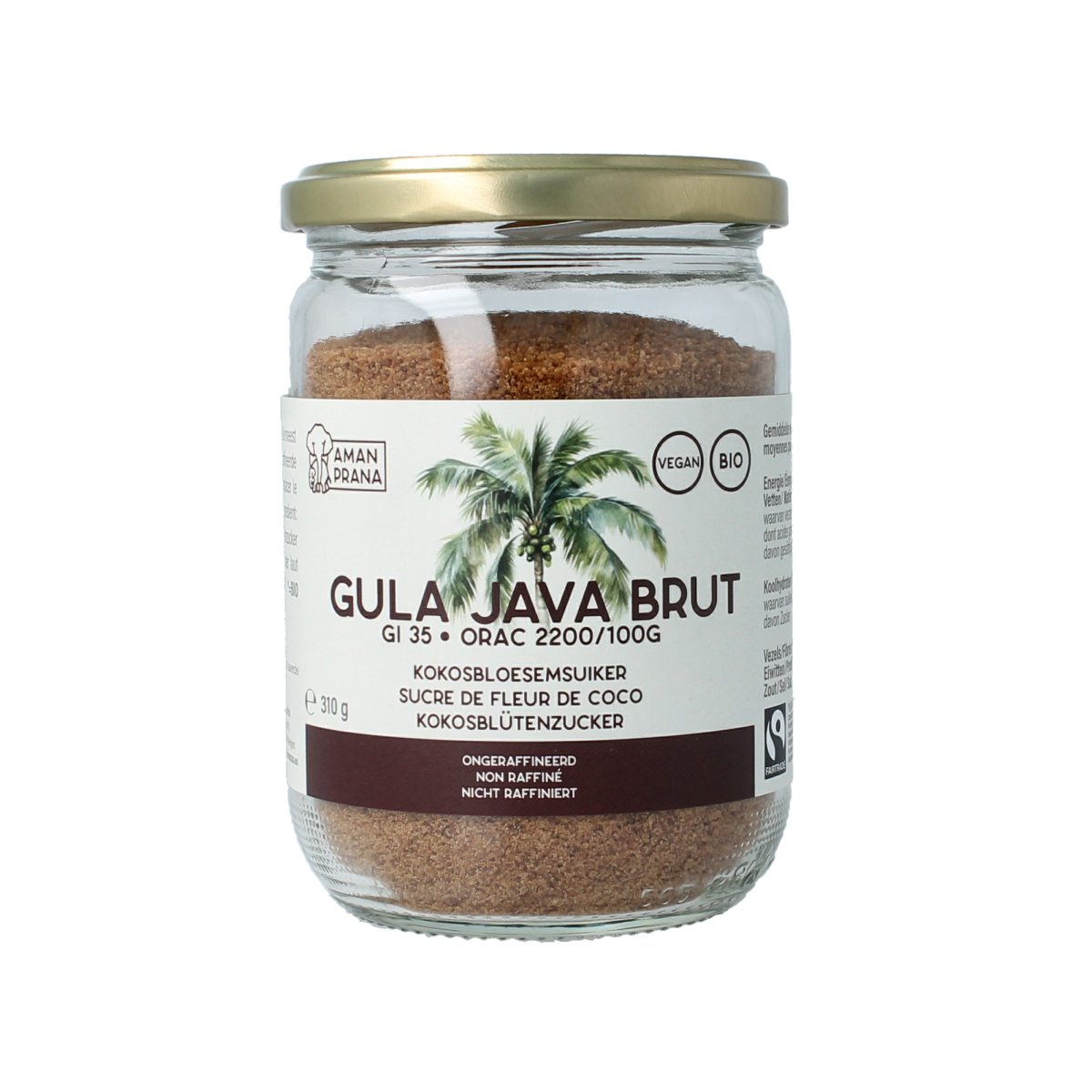 Amanprana Gula Java Brut bio sugar in a 310g package, natural organic sweetener with brown sugar appearance.