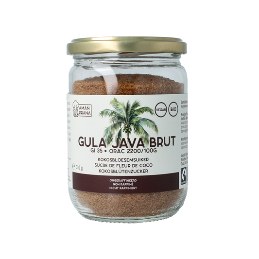 Amanprana Gula Java Brut bio sugar in a 310g package, natural organic sweetener with brown sugar appearance.
