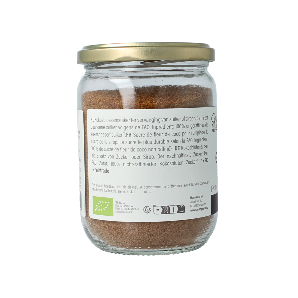 Amanprana Gula Java Brut organic sugar in a 310g package, with a close-up of the brown sugar granules and packaging.