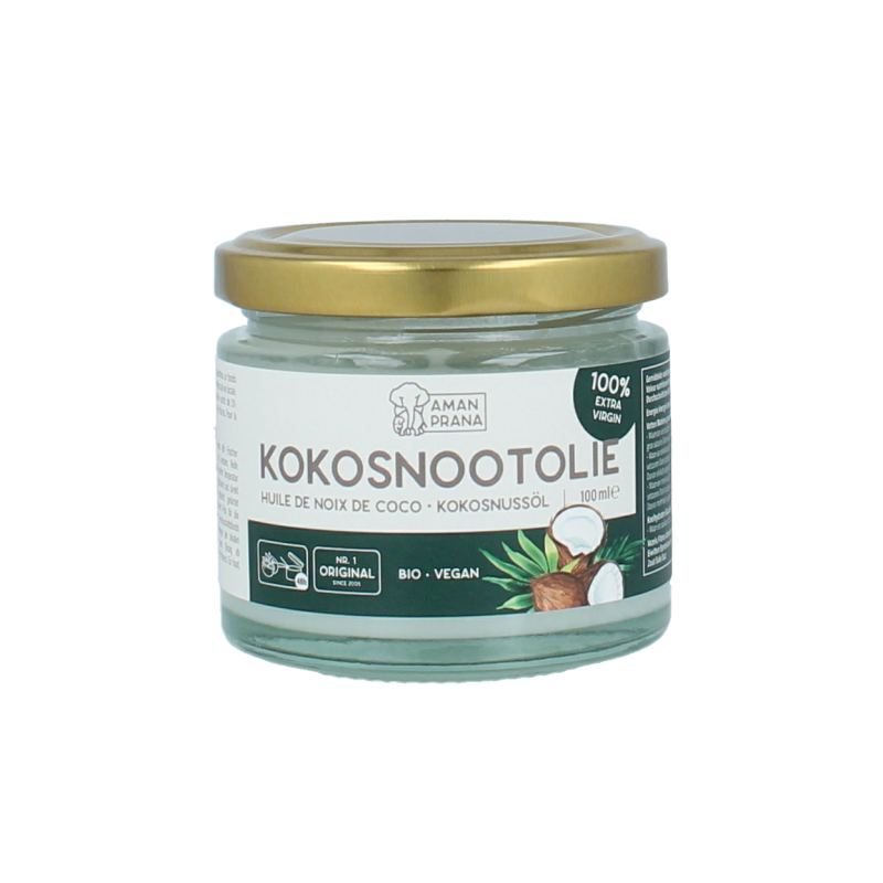 Amanprana bio coconut oil in a 100ml bottle, showcasing the clear, golden oil in a glass container.