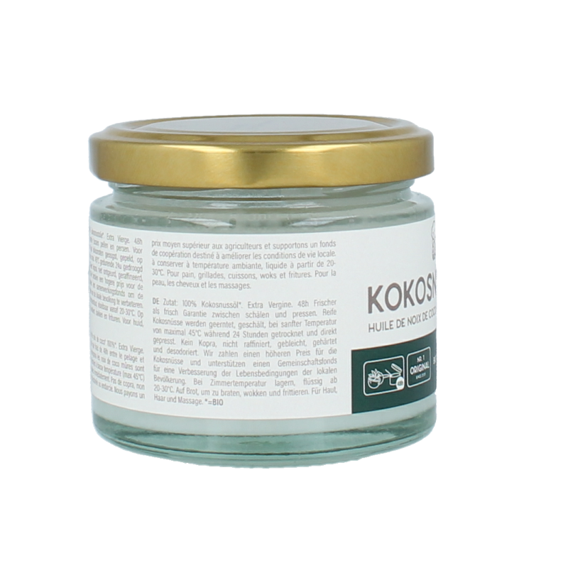 Organic Amanprana coconut oil in a 100ml bottle, showcasing the clear, golden liquid inside a transparent container.