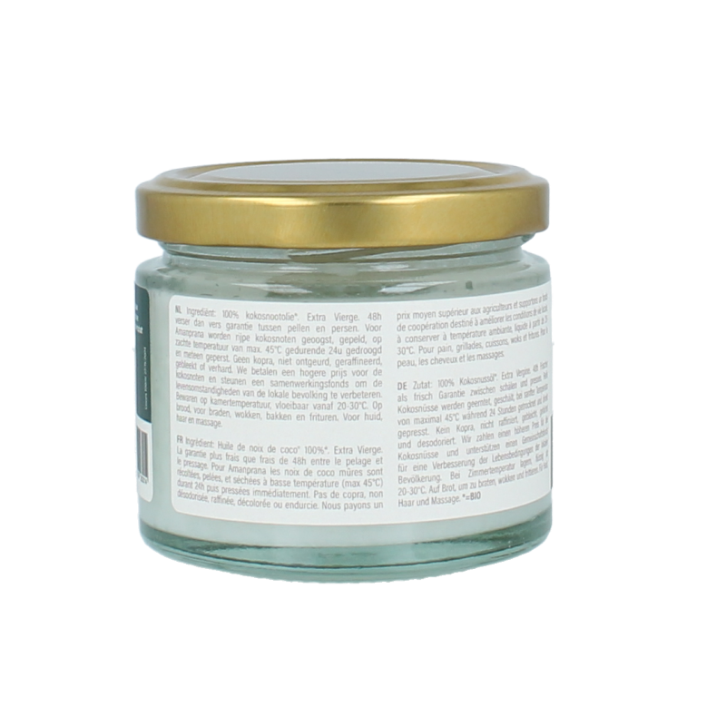 Organic Amanprana coconut oil in a 100ml jar, showcasing a clear container with golden coconut oil inside.