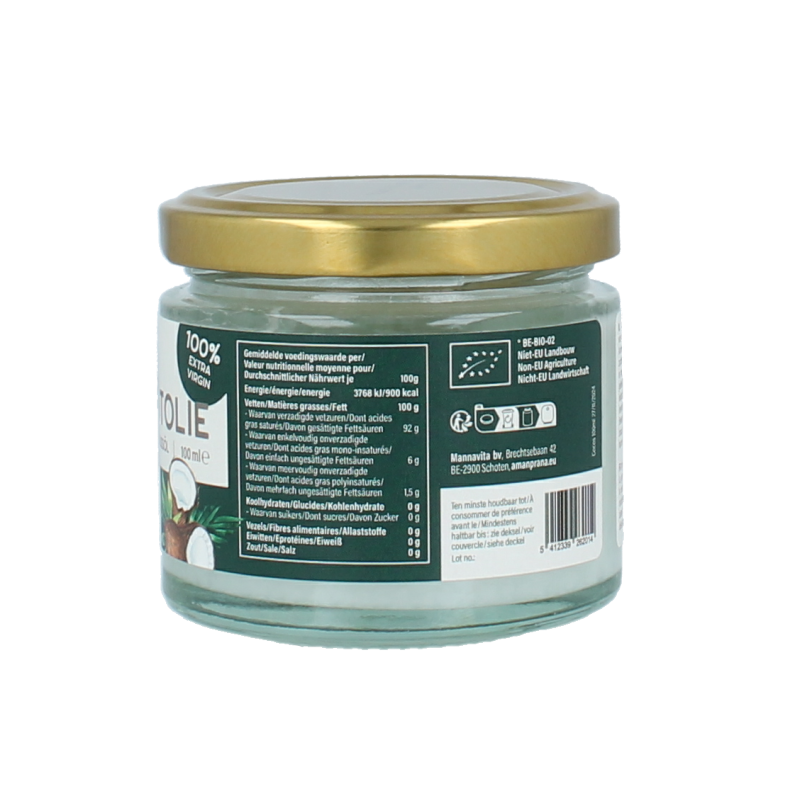 Amanprana bio kokosnootolie in 100ml bottle, natural coconut oil for cooking and skincare, displayed in a clear container.