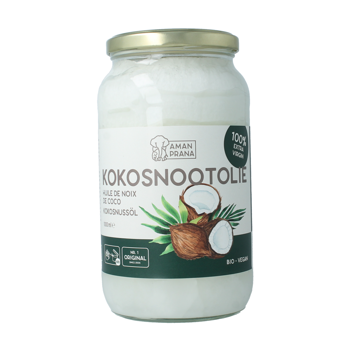 Organic Amanprana coconut oil in a 1000ml bottle, natural oil and fats product, shown in a clear container.