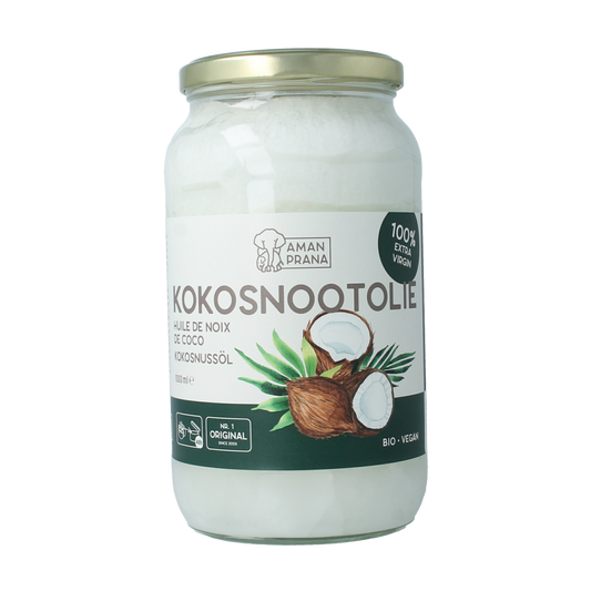 Organic Amanprana coconut oil in a 1000ml bottle, natural oil and fats product, shown in a clear container.