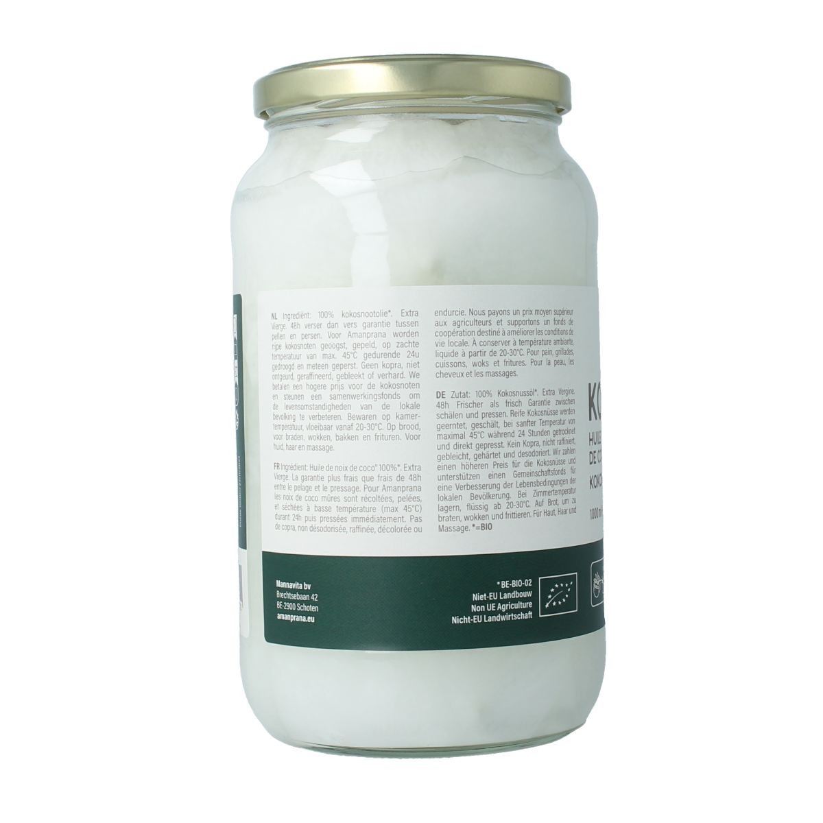 Amanprana bio coconut oil in a 1000ml bottle, natural and organic, used for cooking and skincare, with a clear label and container.