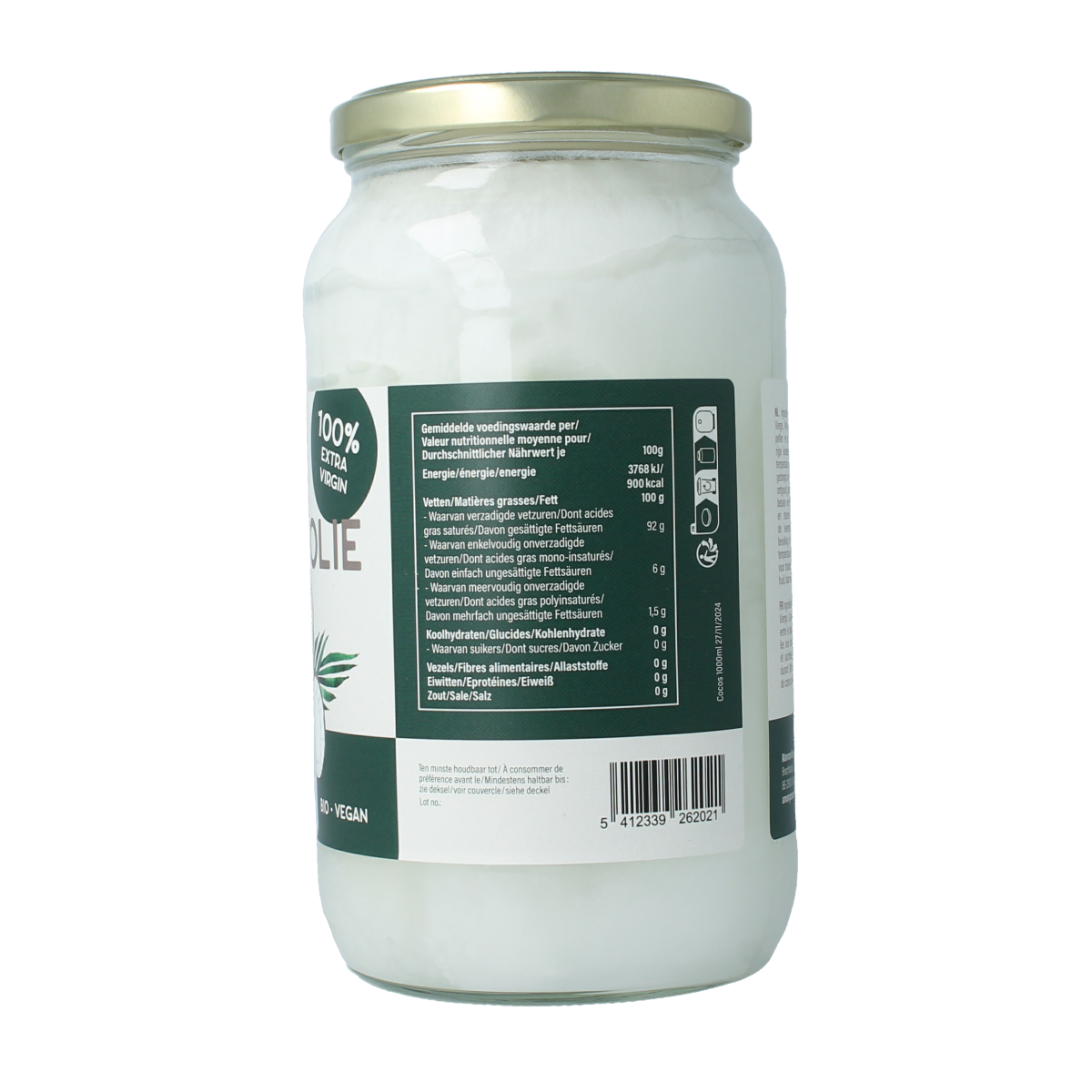 Amanprana bio coconut oil in a 1000ml bottle, natural coconut oil for cooking and skincare, in a clear plastic container.