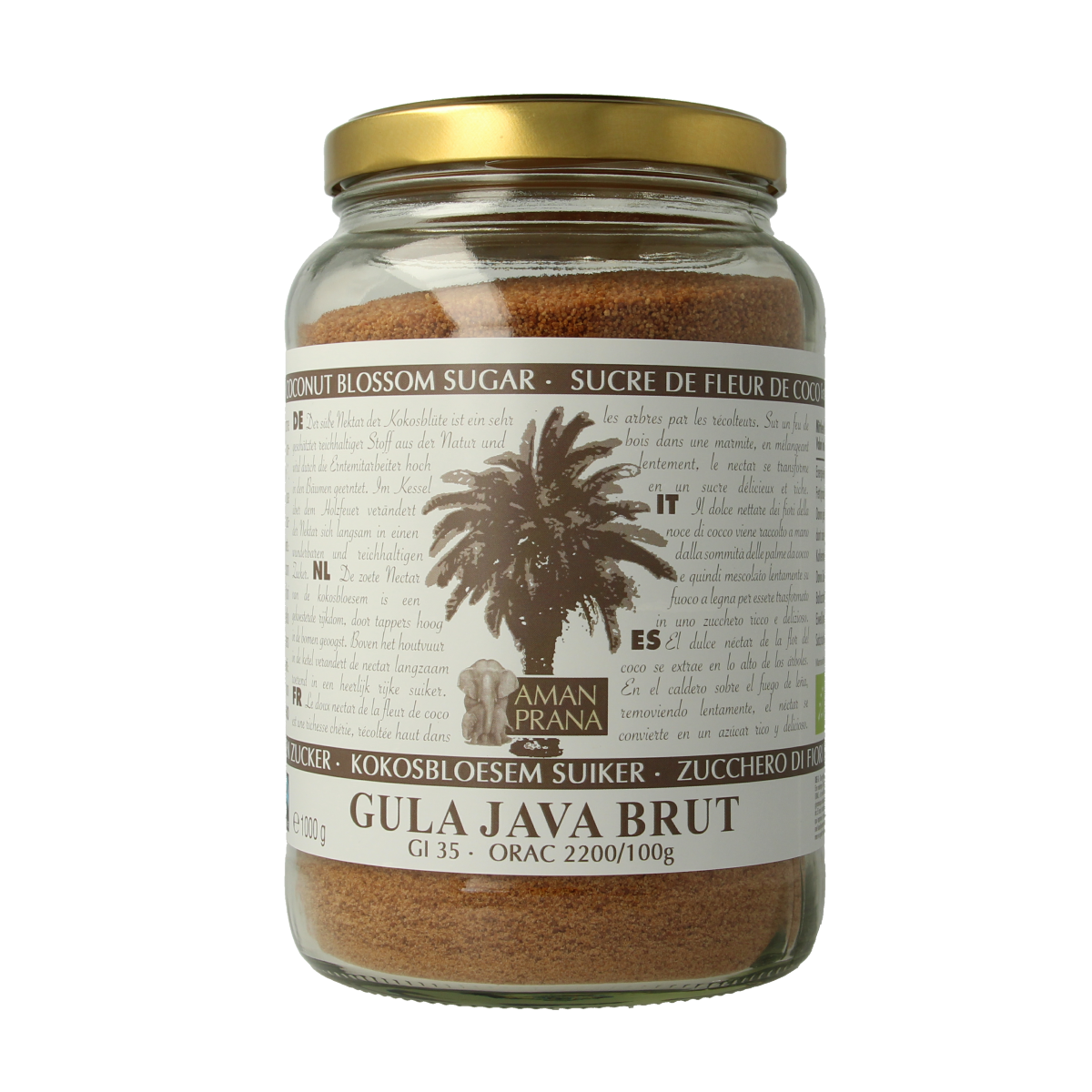 Amanprana Gula Java Brut Bio caramel-colored organic sugar in a 1kg package, with a textured surface and label details visible.