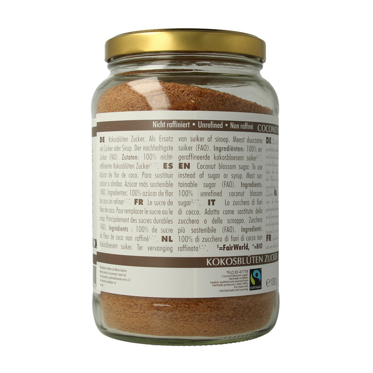 Amanprana Gula Java Bruts bio sugar in a 1kg bag, natural organic brown sugar, suitable for baking and sweetening.