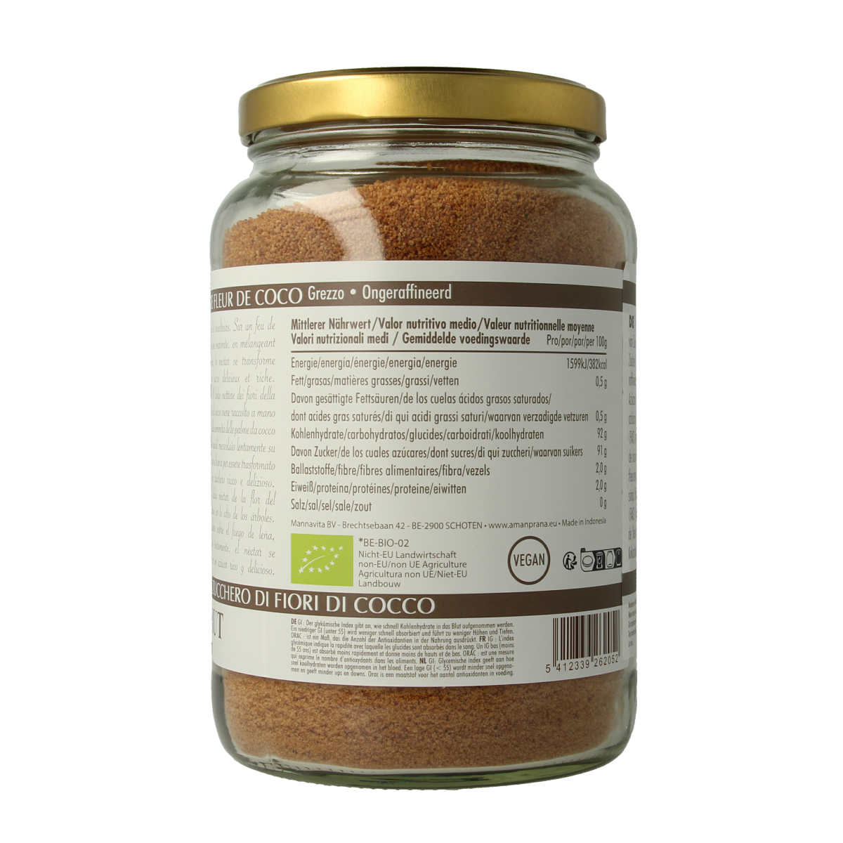 Amanprana Gula Java Brut bio, 1kg organic raw palm sugar in a clear plastic bag with label, for natural sweetening.