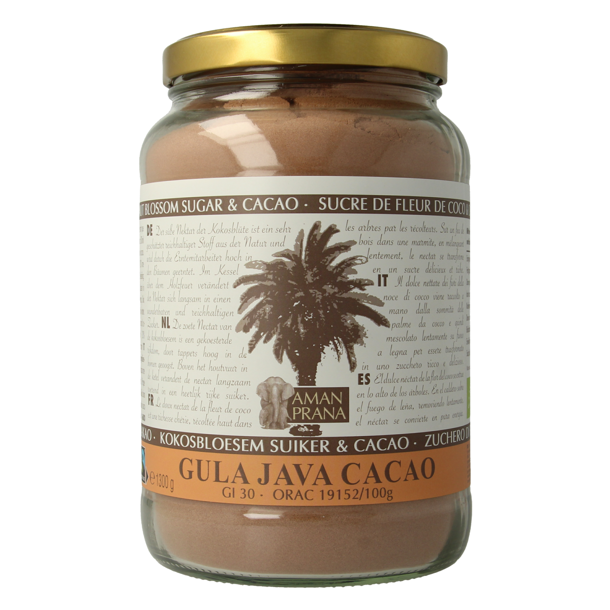 Amanprana Gula Java Cacao bio in a 1300g package, used for drinks and juices, shown in the image.