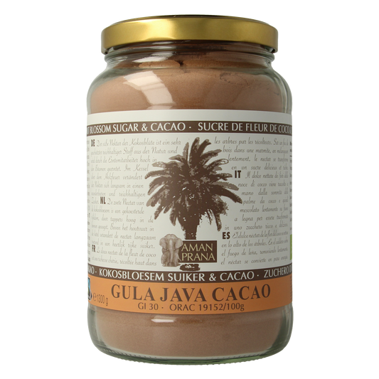 Amanprana Gula Java Cacao bio in a 1300g package, used for drinks and juices, shown in the image.