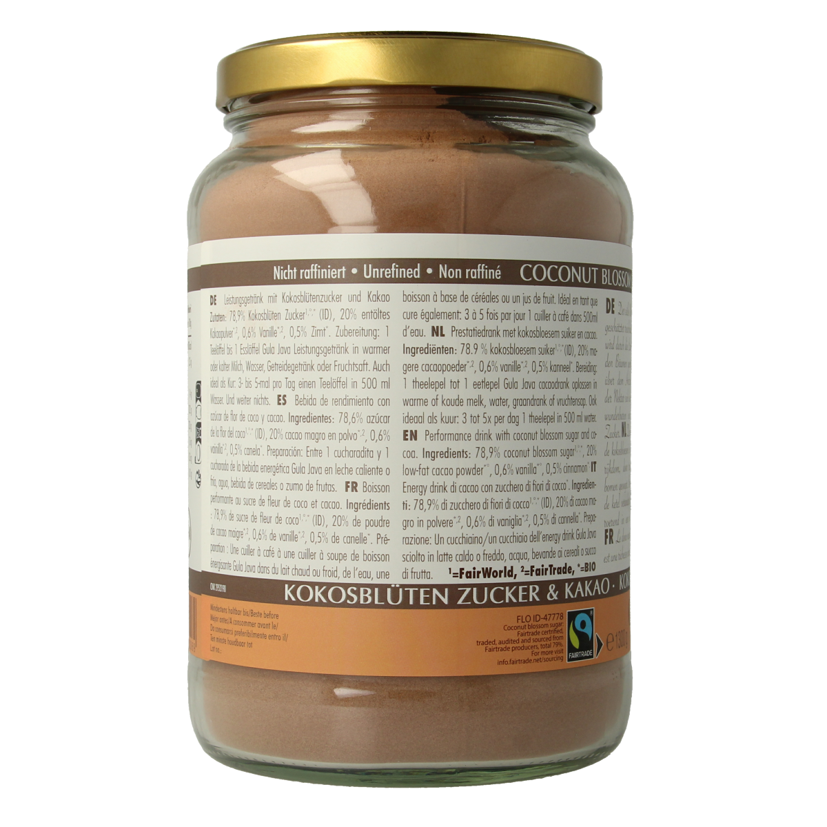 Amanprana Gula Java Cacao bio in 1300g package, natural cacao sugar for drinks and smoothies, shown in a resealable bag.