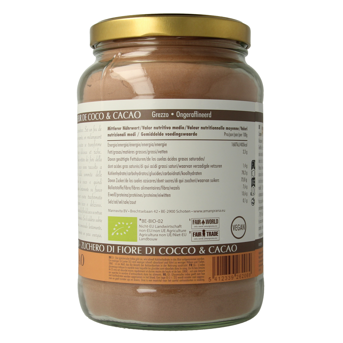 Amanprana Gula Java cacao bio in 1300g package, shown as a natural sweetener in a jar with cacao beans and sugar.