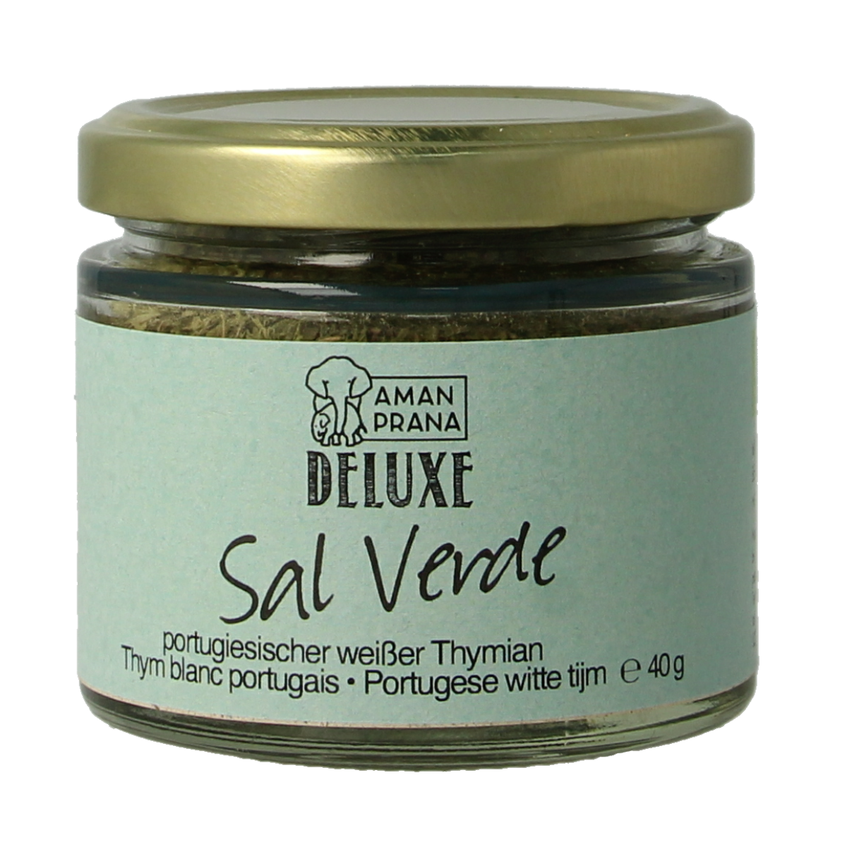 Amanprana Sal Verde bio 40g, a herbal salt and meal mix with fresh green herbs in a clear container.