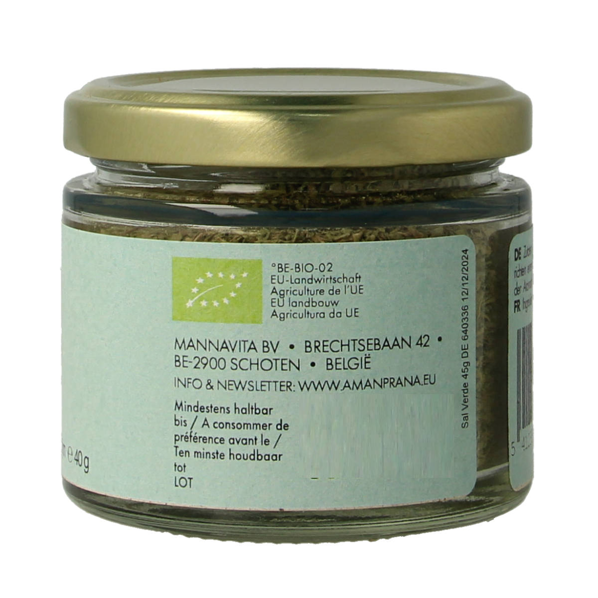 Amanprana Sal Verde Bio 40g, a natural green herbal salt mix in a clear container, showcasing vibrant green herbs and salt crystals.