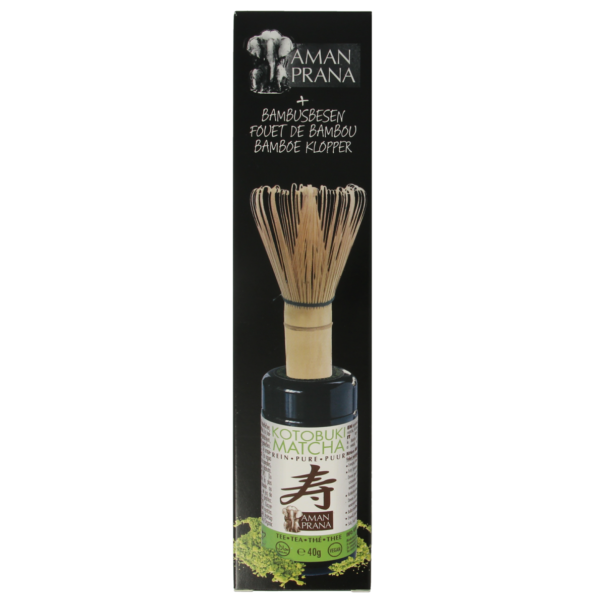Amanprana Kotobuki matcha with bamboo whisk, organic green tea powder in a 40g package, ideal for traditional tea preparation.