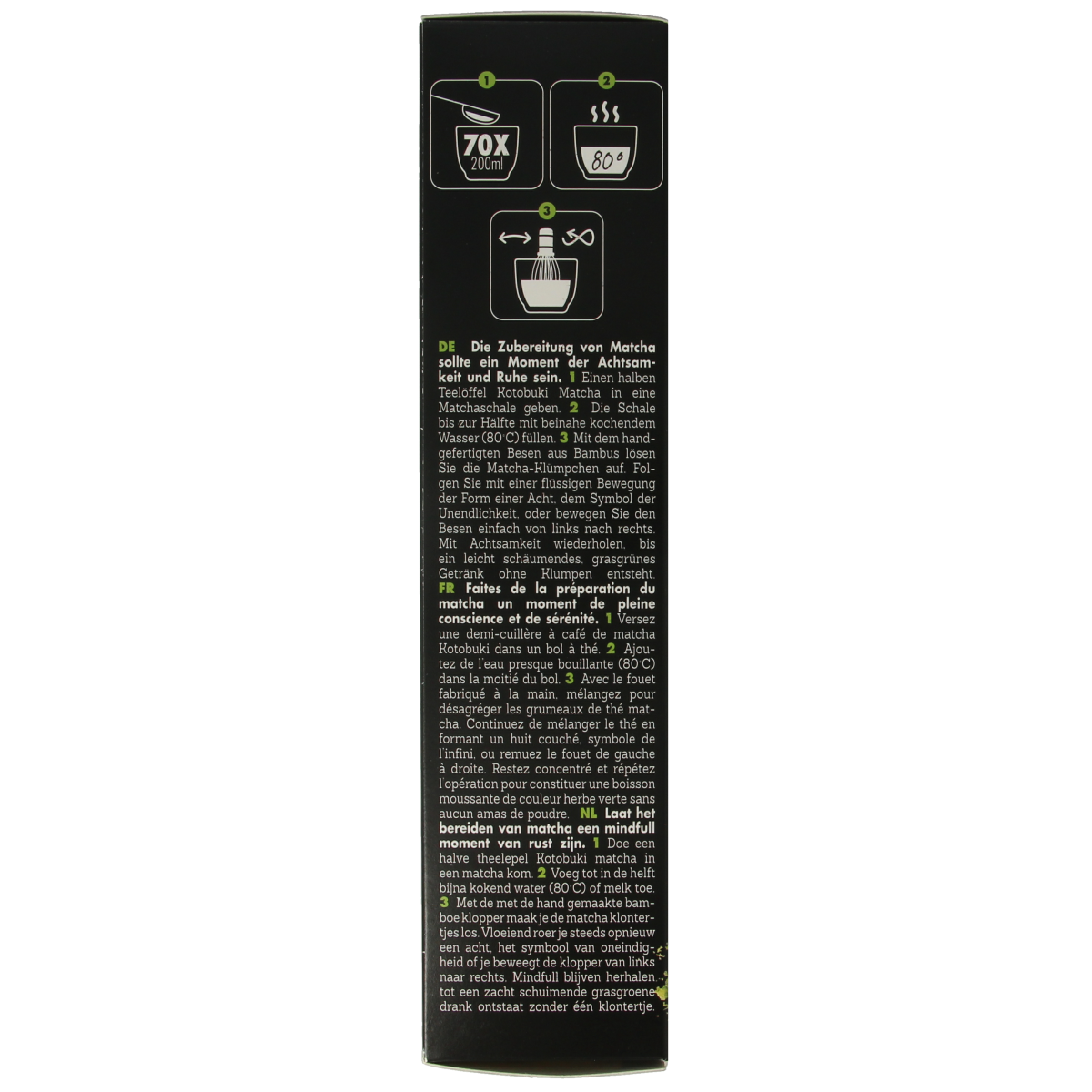Amanprana Kotobuki matcha with bamboo whisk in a 40g package, organic green tea powder for traditional tea preparation.