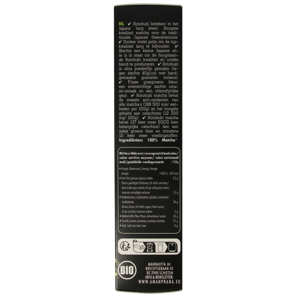 Amanprana Kotobuki matcha green tea with bamboo whisk in a 40g package, ideal for traditional Japanese tea preparation.